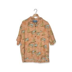 Bermuda Bay Orange 100% Silk Hawaiian Button Up Shirt Sail Boats Map Print